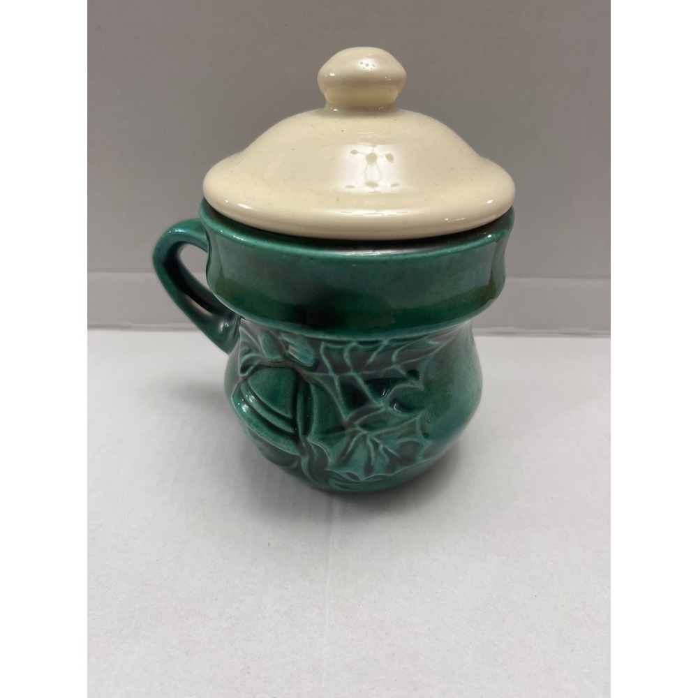 Vintage 1970 Gare Ceramic Good Cheer Holly Lidded Mug Green Iridescent Luster